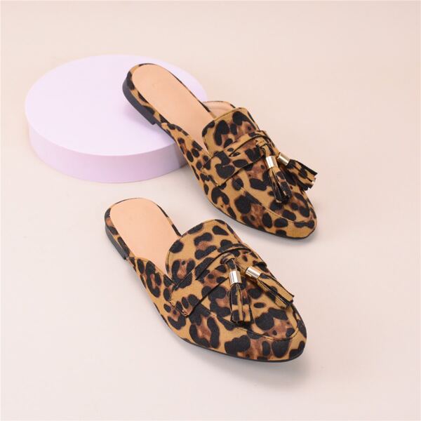 

Leopard Tassel Decor Mules, Multicolor