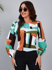 SHEIN Clasi Patchwork Bishop Sleeve Blouse - Multicolor - View 1