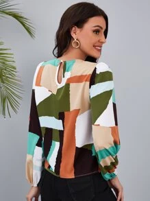 SHEIN Clasi Patchwork Bishop Sleeve Blouse - Multicolor - View 2