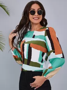 SHEIN Clasi Patchwork Bishop Sleeve Blouse - Multicolor - View 5