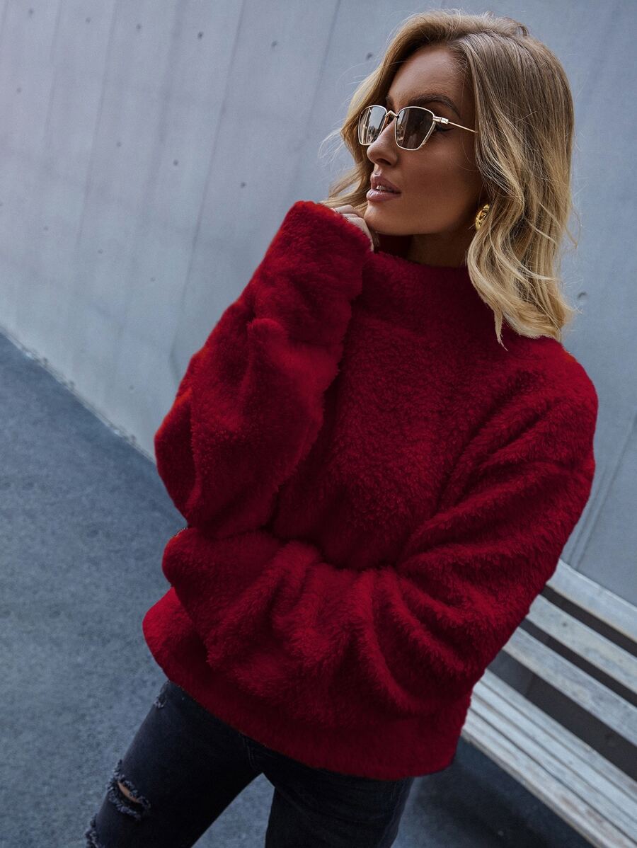 SHEIN LUNE Áo nỉ Cổ cao Thả vai Teddy - Màu Đỏ Sâu - Xem 1