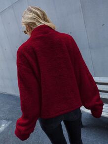 SHEIN LUNE Áo nỉ Cổ cao Thả vai Teddy - Màu Đỏ Sâu - Xem 2