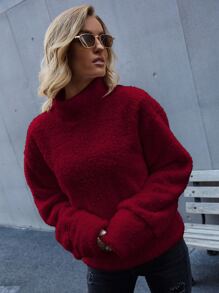 SHEIN LUNE Áo nỉ Cổ cao Thả vai Teddy - Màu Đỏ Sâu - Xem 3