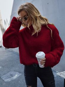 SHEIN LUNE Áo nỉ Cổ cao Thả vai Teddy - Màu Đỏ Sâu - Xem 4