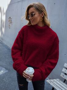 SHEIN LUNE Áo nỉ Cổ cao Thả vai Teddy - Màu Đỏ Sâu - Xem 6