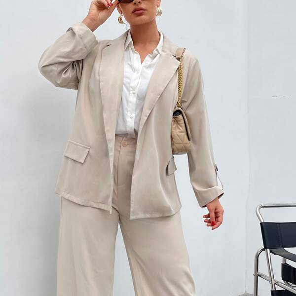 

Plus Lapel Neck Roll Tab Sleeve Blazer, Beige