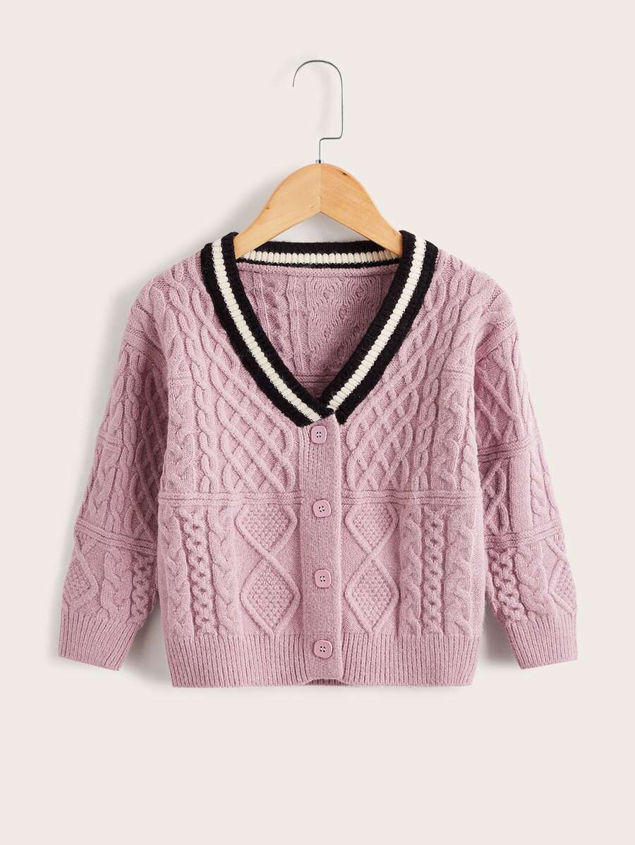 Toddler Girls Striped Trim Cable Knit Cardigan - Lilac Purple - View 1