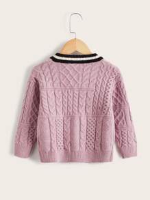Toddler Girls Striped Trim Cable Knit Cardigan - Lilac Purple - View 2