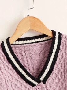 Toddler Girls Striped Trim Cable Knit Cardigan - Lilac Purple - View 4