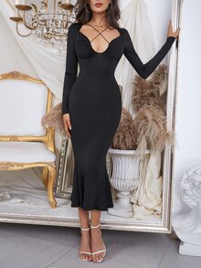Solid Crisscross Backless Celebrity Evening Runway Party Long Dress - Black - View 5