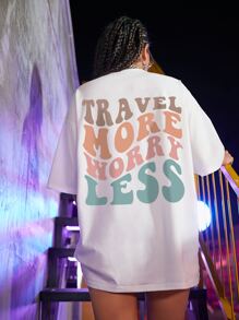 SHEIN Unity Slogan Graphic Drop Shoulder Oversized Tee TRAVEL MORE WORRY LESS - White - View 1