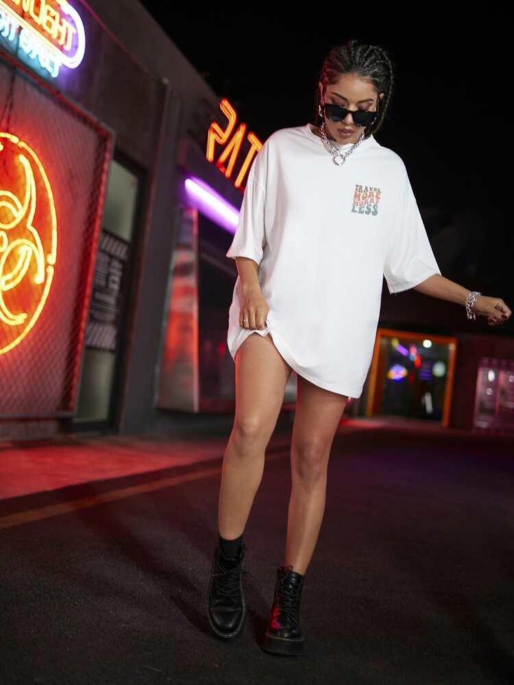 SHEIN Unity Slogan Graphic Drop Shoulder Oversized Tee TRAVEL MORE WORRY LESS - White - View 5