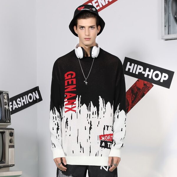 

Men Splash Ink & Slogan Pattern Drop Shoulder Sweater, Black and white
