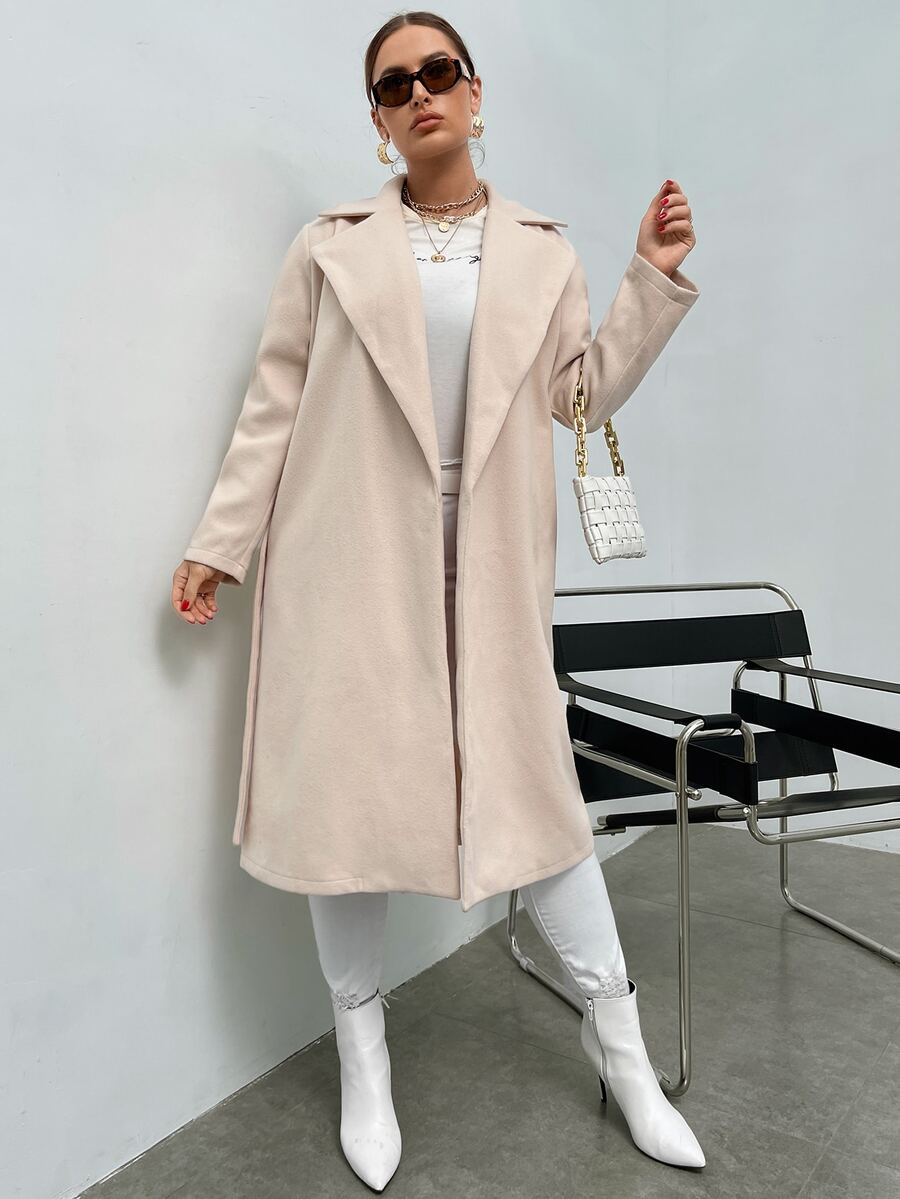 Plus Solid Lapel Neck Belted Overcoat - Beige - View 1