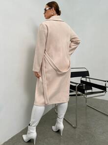 Plus Solid Lapel Neck Belted Overcoat - Beige - View 2