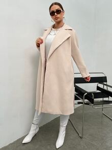 Plus Solid Lapel Neck Belted Overcoat - Beige - View 3
