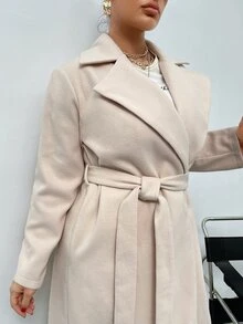 Plus Solid Lapel Neck Belted Overcoat - Beige - View 4
