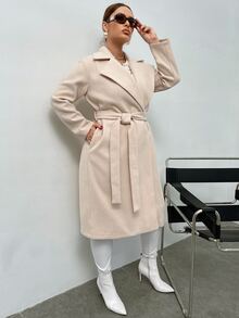 Plus Solid Lapel Neck Belted Overcoat - Beige - View 5