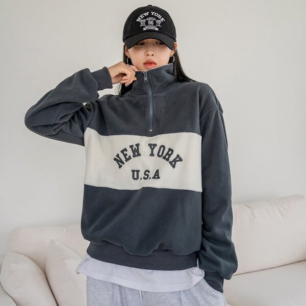 

Letter Embroidery Quarter Zip Drop Shoulder Two Tone Fleece Sweatshirt, Multicolor
