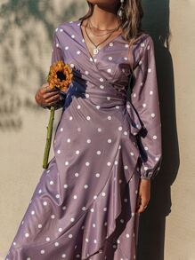Simplee Polka Dot Print Knot Side Ruffle Trim Wrap Dress - Mauve Purple - View 1