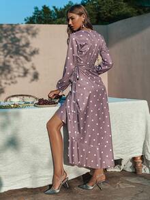 Simplee Polka Dot Print Knot Side Ruffle Trim Wrap Dress - Mauve Purple - View 2