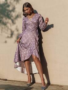 Simplee Polka Dot Print Knot Side Ruffle Trim Wrap Dress - Mauve Purple - View 3