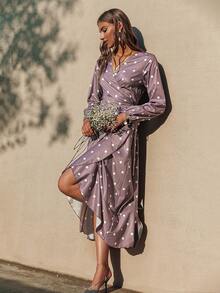 Simplee Polka Dot Print Knot Side Ruffle Trim Wrap Dress - Mauve Purple - View 4