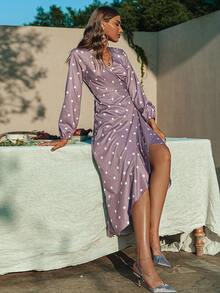 Simplee Polka Dot Print Knot Side Ruffle Trim Wrap Dress - Mauve Purple - View 5
