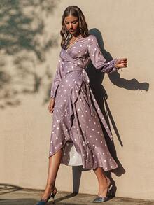 Simplee Polka Dot Print Knot Side Ruffle Trim Wrap Dress - Mauve Purple - View 6