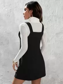 SHEIN PETITE Solid Corduroy Pinafore Dress Without Jumper - Black - View 2