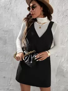 SHEIN PETITE Solid Corduroy Pinafore Dress Without Jumper - Black - View 3