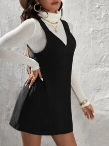 SHEIN PETITE Solid Corduroy Pinafore Dress Without Jumper - Black - View 5