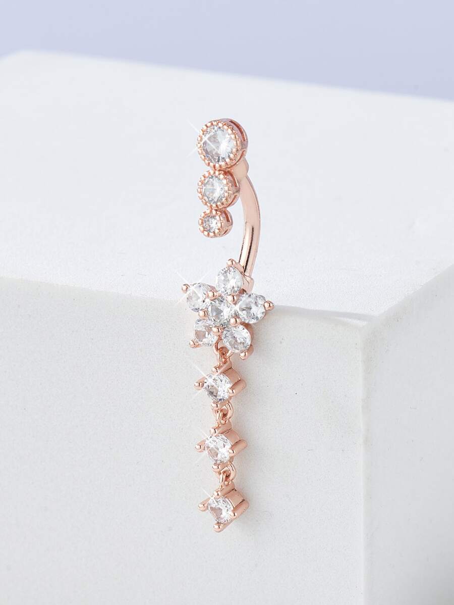 完美穿孔水鑽花朵裝飾臍環銅彩虹磁性隔膜穿孔首飾 - 玫瑰金 - 查看 1