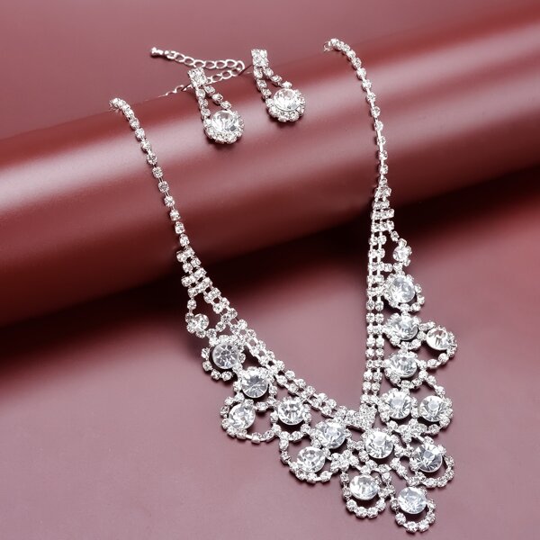 

Rhinestone Decor Necklace & Drop Earrings, Silver
