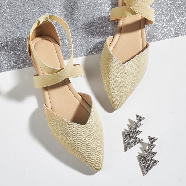 

Glitter Decor Cross Strap Point Toe Ballet Flats, Gold