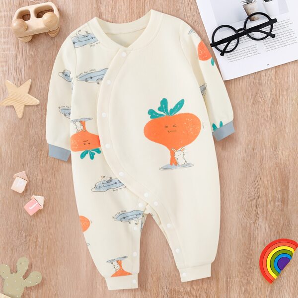 

Baby Slogan & Cartoon Graphic Baseball Collar Jumpsuit, Multicolor