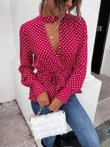 Polka Dot Keyhole Neckline Knot Front Peplum Blouse - Red - View 1