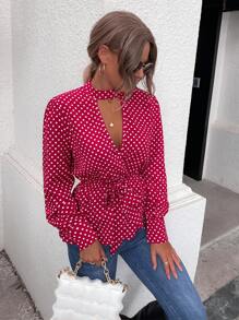 Polka Dot Keyhole Neckline Knot Front Peplum Blouse - Red - View 3