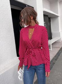 Polka Dot Keyhole Neckline Knot Front Peplum Blouse - Red - View 4
