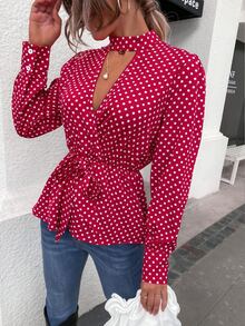 Polka Dot Keyhole Neckline Knot Front Peplum Blouse - Red - View 5