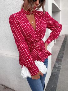 Polka Dot Keyhole Neckline Knot Front Peplum Blouse - Red - View 6
