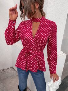 Polka Dot Keyhole Neckline Knot Front Peplum Blouse - Red - View 7