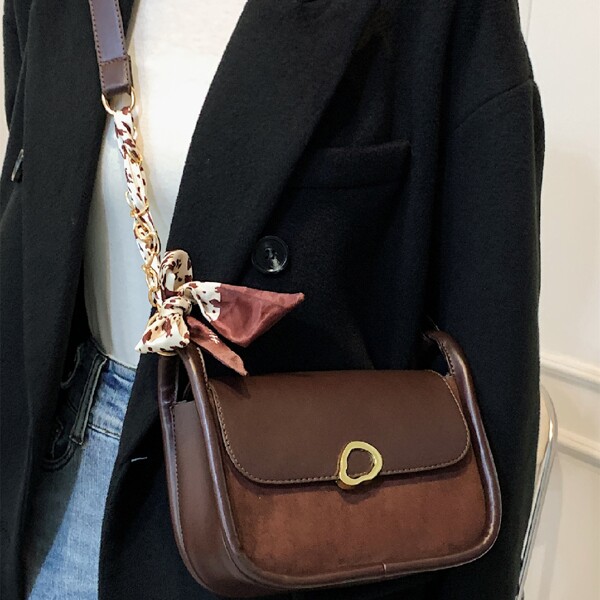 

Twilly Scarf Decor Flap Saddle Bag, Coffee brown