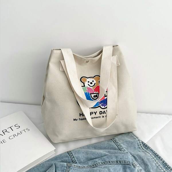 

Letter Graphic Canvas Shoulder Tote Bag, White
