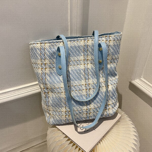 

Plaid Tweed Tote Bag, Baby blue