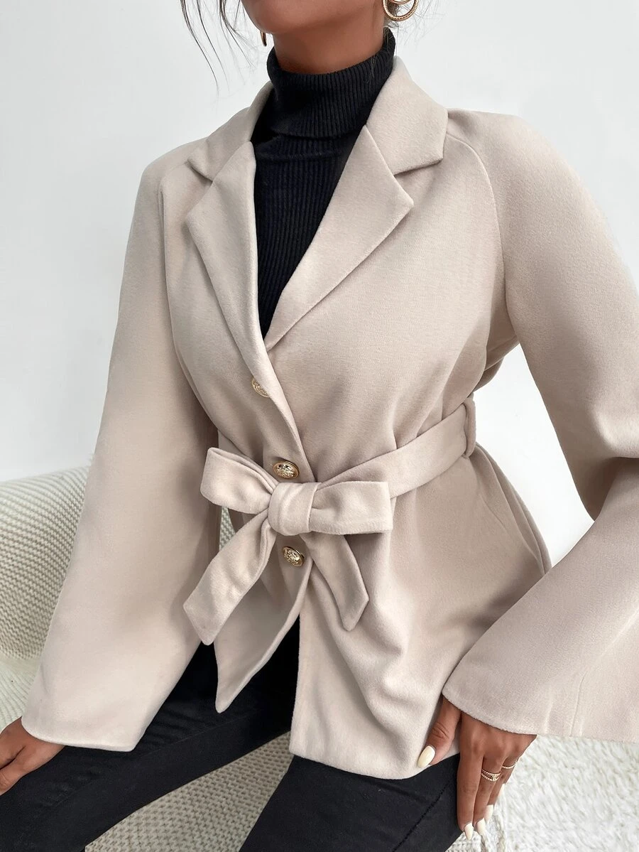 SHEIN Unity Raglan Sleeve Single Breasted Belted Overcoat - Apricot - View 1
