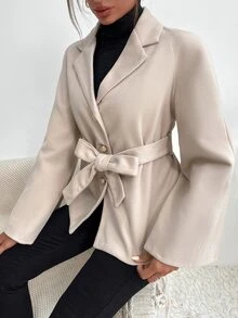 SHEIN Unity Raglan Sleeve Single Breasted Belted Overcoat - Apricot - View 4