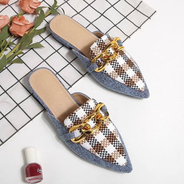 

Colorblock Chain Decor Point Toe Flat Mules, Multicolor