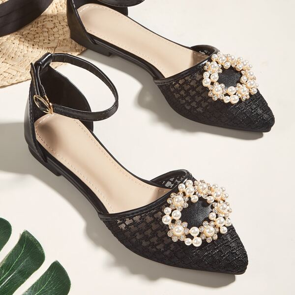 

Faux Pearls Decor Ankle Strap Flats, Black