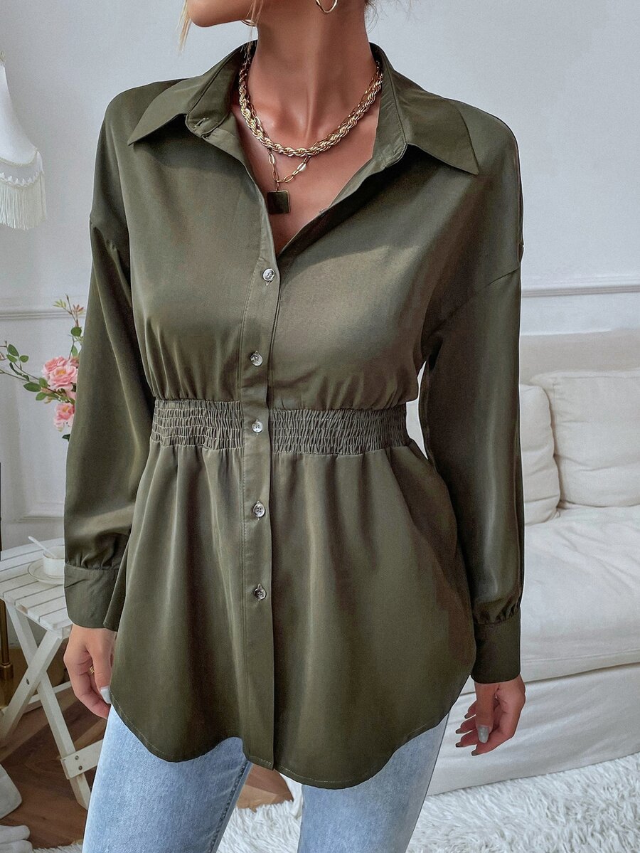 Drop Shoulder Shirred Waist Shirt - Army Green - View 1